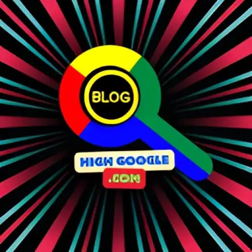 Gekleurde blog-logo met vergrootglas voor Geschreven blog en plaatsing op highgoogle