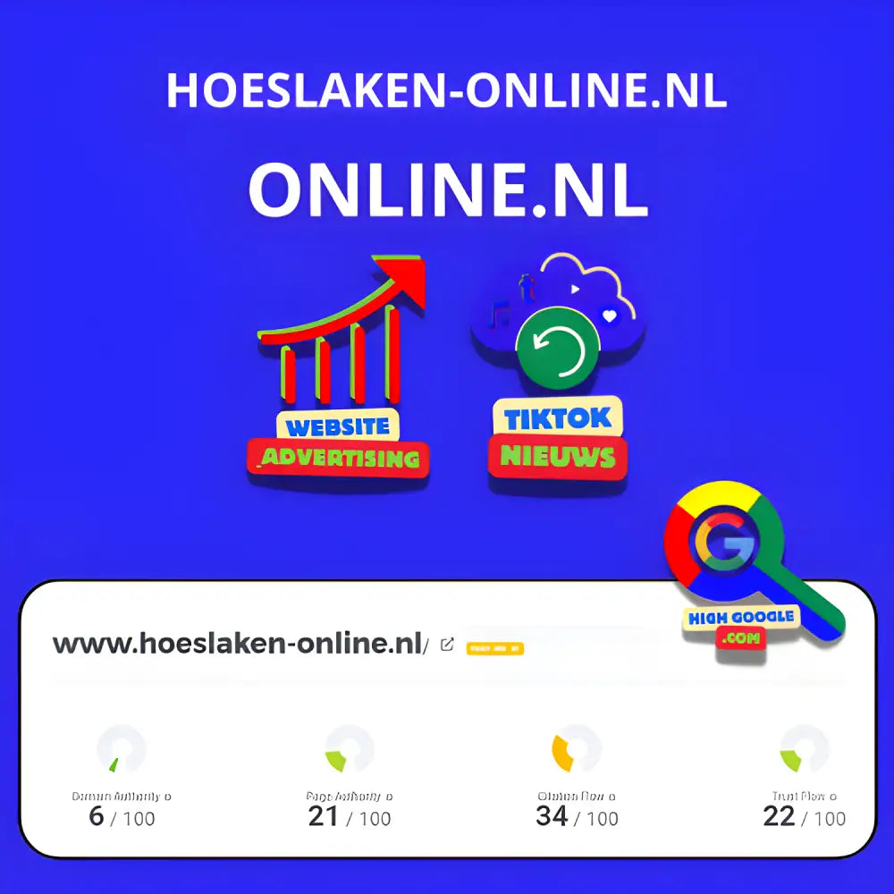 Website-analyse dashboard met TikTok en advertentie-iconen voor Backlink hoeslaken-online