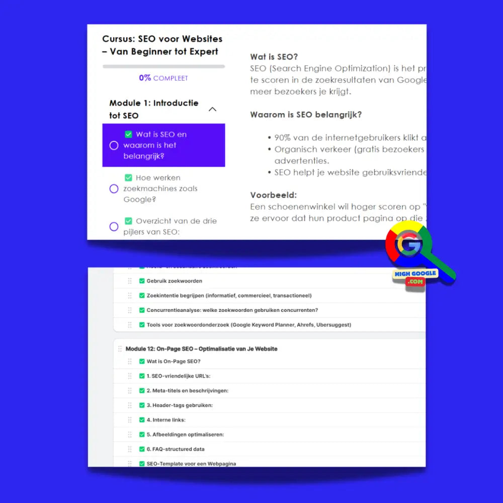 Cursusmodule interface toont SEO-optimalisatie voor Google Cursus in het Nederlands