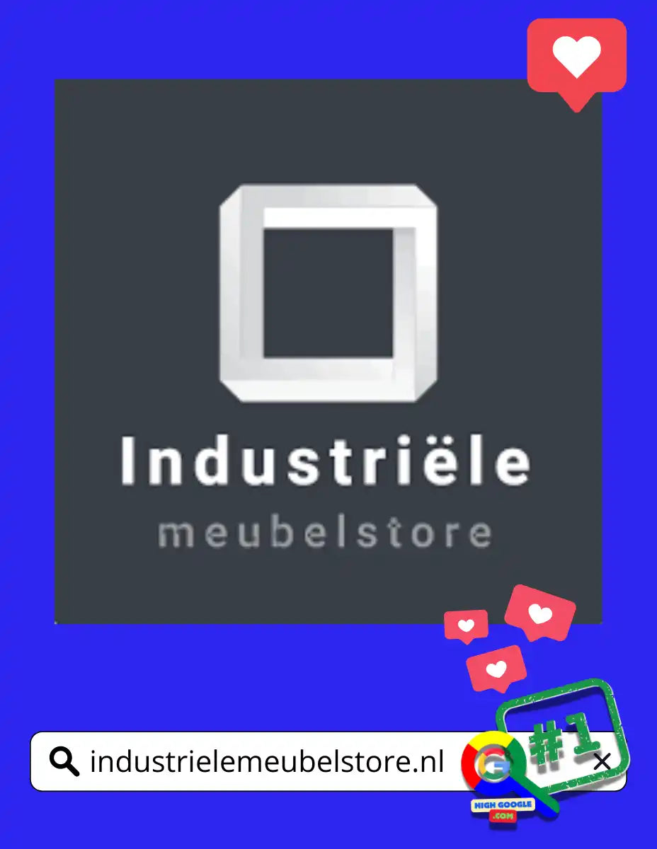 Wit geometrisch vierkant logo met de tekst 'Industriële meubelstore' eronder.